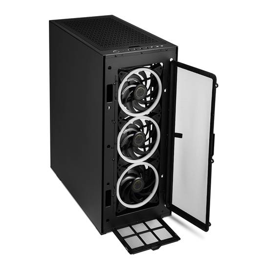 SHARKOON REV300 ATX-Gehäuse mit 2 USB 3.0- und RGB-Anschlüssen ohne Netzteil, schwarze Farbe.