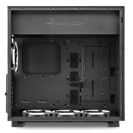 SHARKOON Pure Steel ATX-Gehäuse mit 2 USB 3.0-Anschlüssen ohne RGB-Lichtquelle.