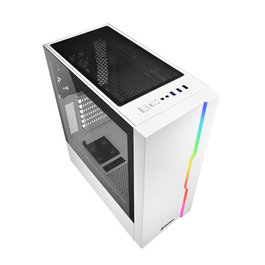 SHARKOON RGB Slider ATX-behuizing met 2 USB 3.0-poorten en 1 USB 2.0-poort zonder voeding, witte kleur.