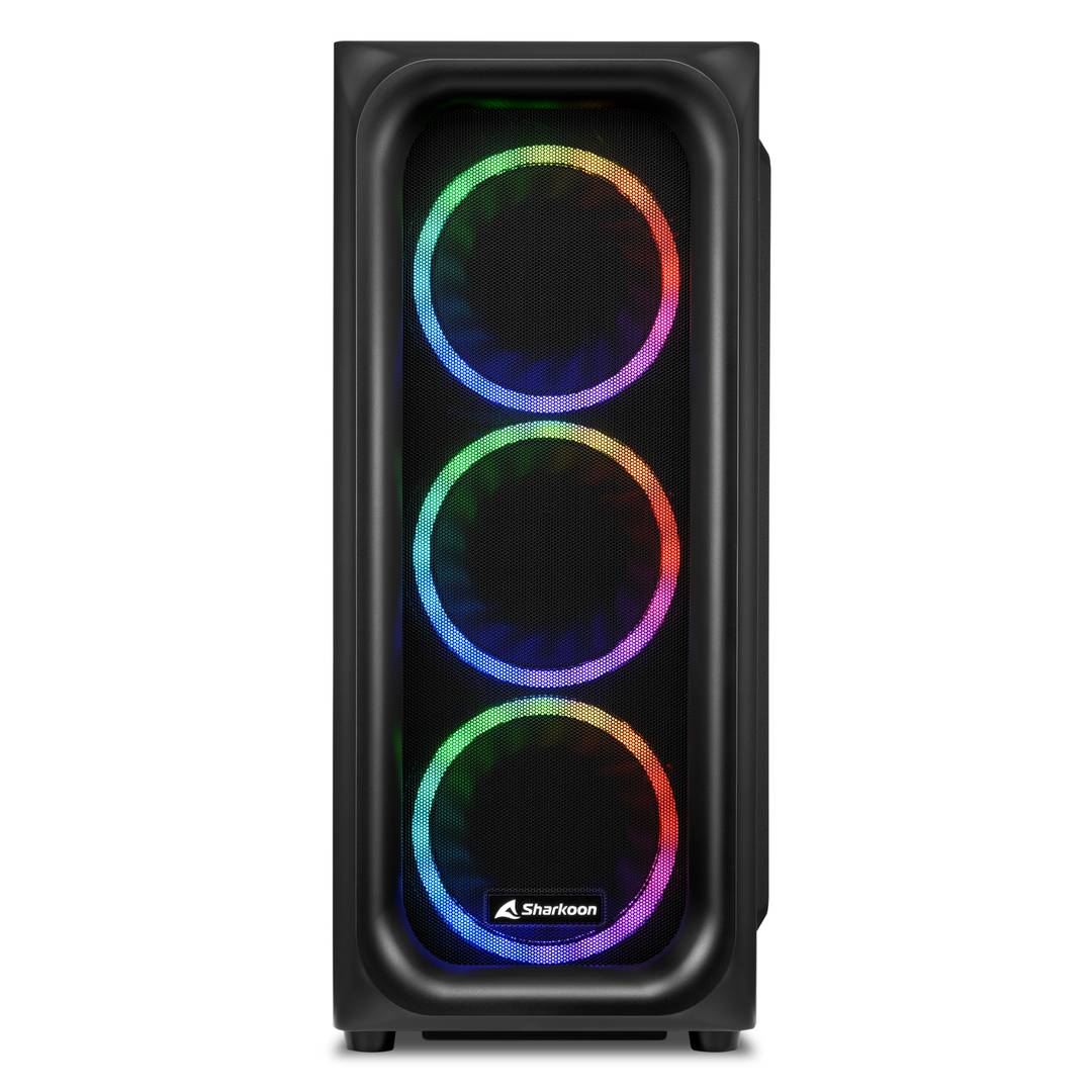 SHARKOON TK5M RGB ATX-Gehäuse mit 2 USB 3.0-Anschlüssen und 1 USB-Typ-C-Anschluss, ohne Netzteil, schwarze Farbe.