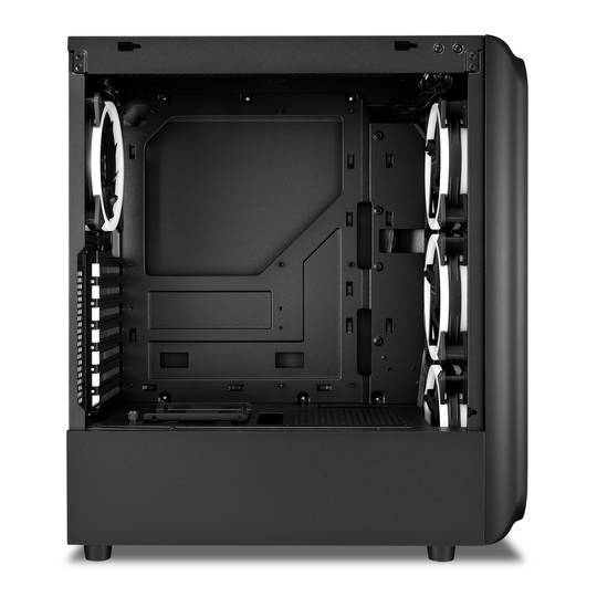 SHARKOON TK5M RGB ATX-Gehäuse mit 2 USB 3.0-Anschlüssen und 1 USB-Typ-C-Anschluss, ohne Netzteil, schwarze Farbe.