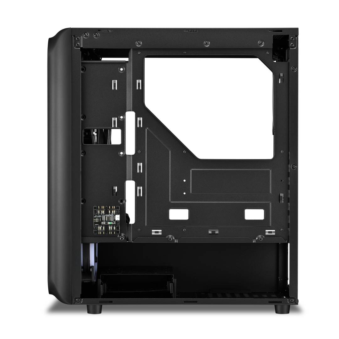 SHARKOON TK5M RGB ATX-Gehäuse mit 2 USB 3.0-Anschlüssen und 1 USB-Typ-C-Anschluss, ohne Netzteil, schwarze Farbe.