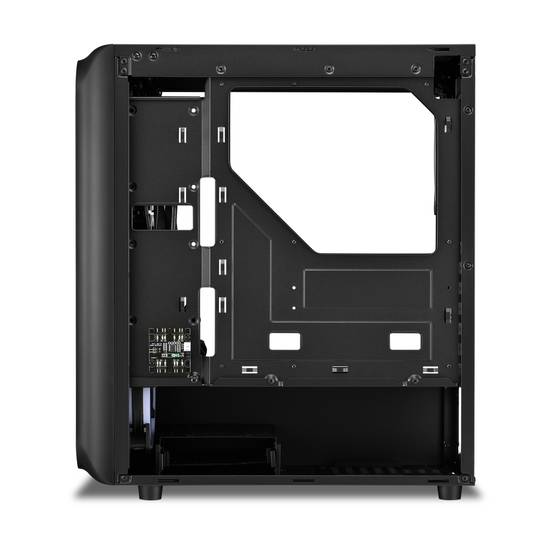 SHARKOON TK5M RGB ATX-Gehäuse mit 2 USB 3.0-Anschlüssen und 1 USB-Typ-C-Anschluss, ohne Netzteil, schwarze Farbe.