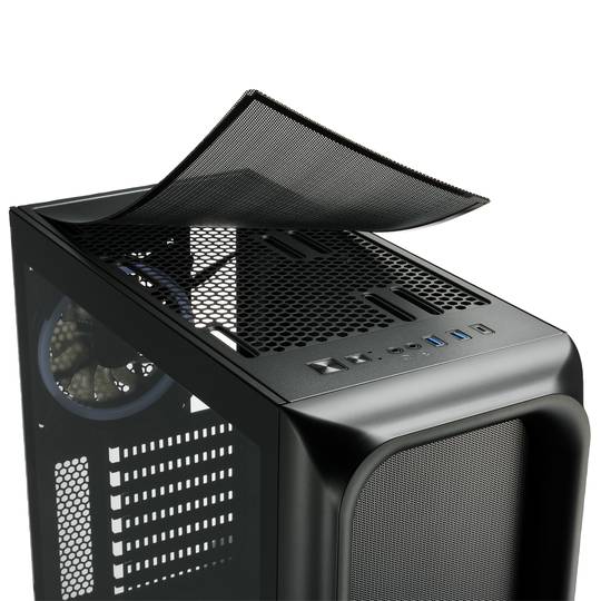 SHARKOON TK5M RGB ATX-Gehäuse mit 2 USB 3.0-Anschlüssen und 1 USB-Typ-C-Anschluss, ohne Netzteil, schwarze Farbe.