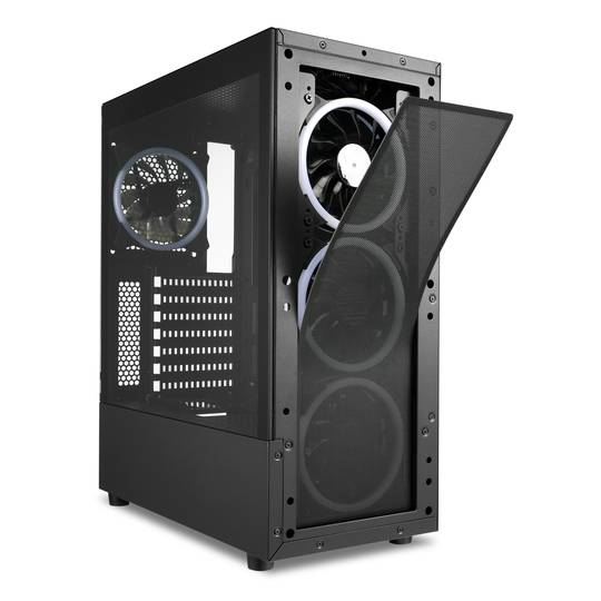 SHARKOON TK5M RGB ATX-Gehäuse mit 2 USB 3.0-Anschlüssen und 1 USB-Typ-C-Anschluss, ohne Netzteil, schwarze Farbe.