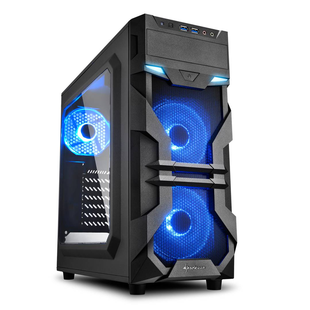 Sharkoon VG7-W ATX Gehäuse mit 2 USB3.0 Ports und 2 USB2.0 Ports ohne blaues Netzteil.