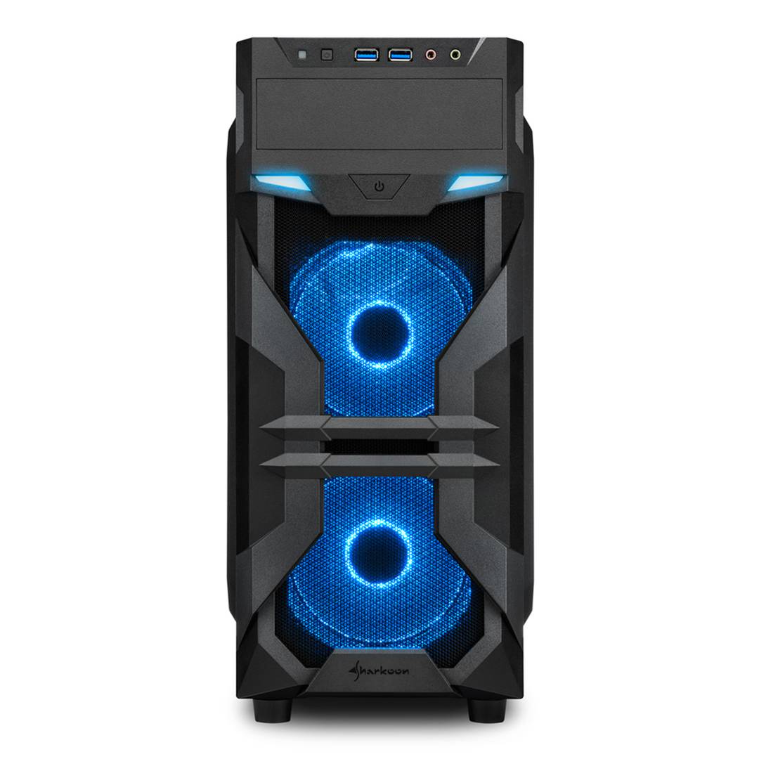 Sharkoon VG7-W ATX Gehäuse mit 2 USB3.0 Ports und 2 USB2.0 Ports ohne blaues Netzteil.