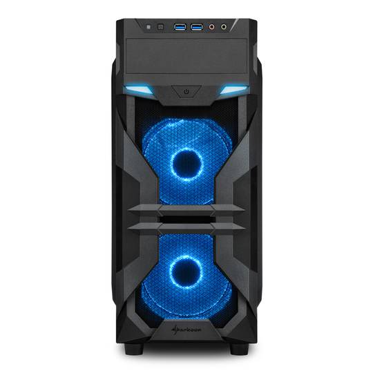 Sharkoon VG7-W ATX Gehäuse mit 2 USB3.0 Ports und 2 USB2.0 Ports ohne blaues Netzteil.