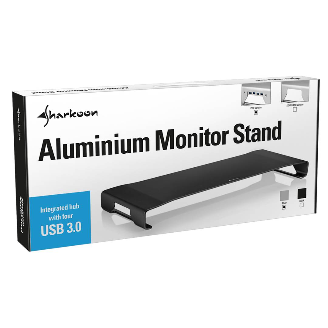 Base de Monitor en Aluminio Plateado Sharkoon con Hub de 4 Puertos USB 3.0