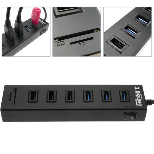 Hub met 6 poorten en geheugenkaartlezer USB 3.0 SD MicroSD 5 Gbps