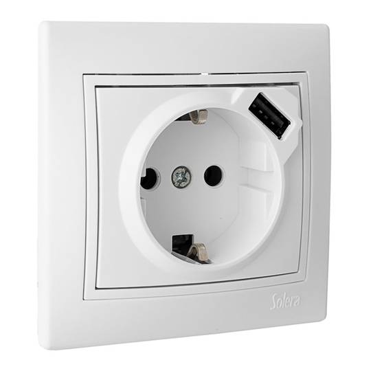Base fixe pour encastrement 2P+T 16A 250V avec USB 2.1A 5V 83x81x10mm Solera ERP60USB-U