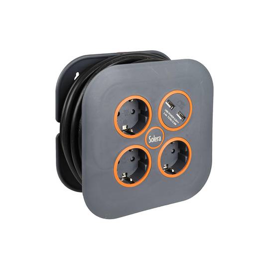 Enrouleur de câble électrique avec 3 Schuko 2P+T 16A 250V avec 2 prises USB de 5m Solera 7321USB