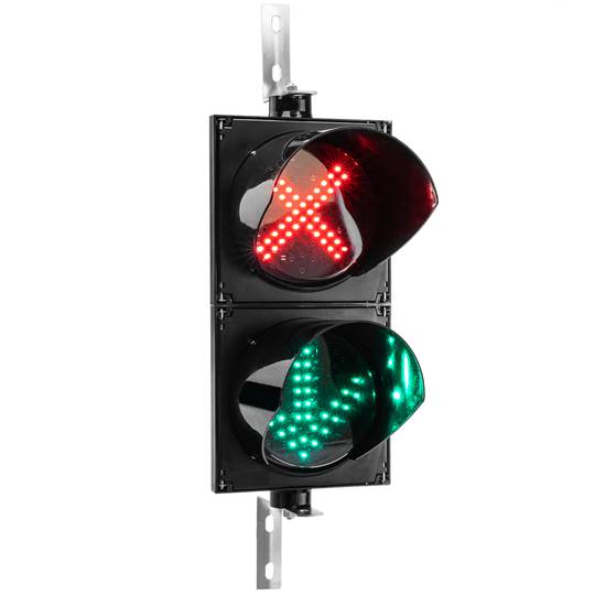 Semàfor per a interior i exterior IP65 negre de 2 x 200 mm de 220 VAC amb verd-fletxa i vermell-creu