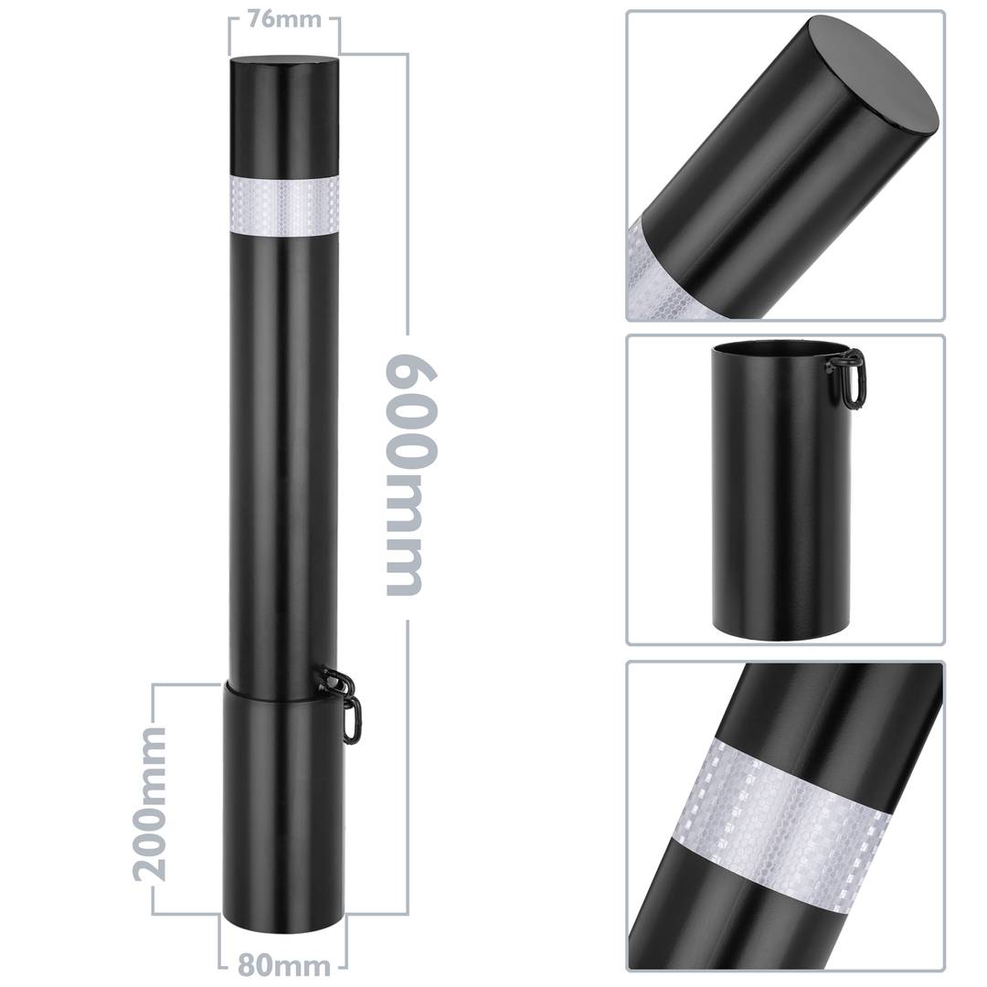 Pilona bolardo de acero con base enterrada removible 76x600mm de COLOR NEGRO