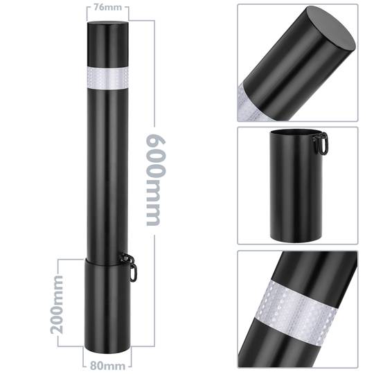Pilona bolardo de acero con base enterrada removible 76x600mm de COLOR NEGRO