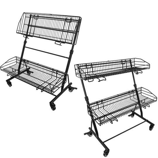 Draht Korb Shop Display von Obst und Gemüse. Anzeige mit 2-stufigen und Rädern