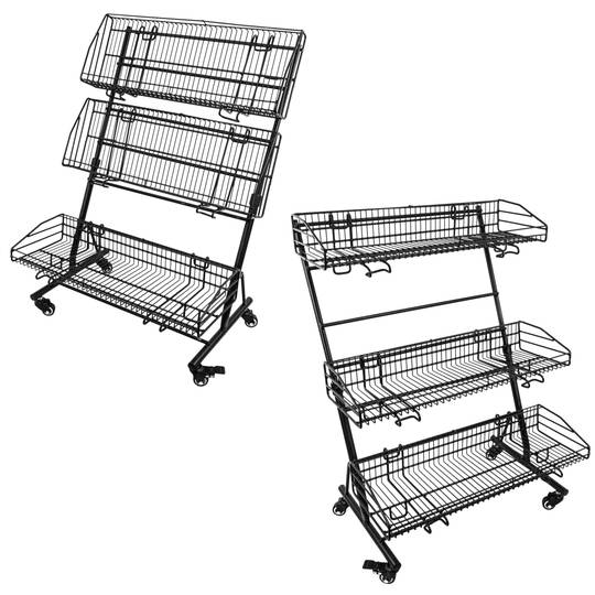 Draht Korb Shop Display von Obst und Gemüse. Anzeige mit 3-stufigen und Rädern