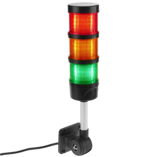 Torre de sinalização industrial. Semáforo com luz LED vermelha laranja verde 12 VDC Preto