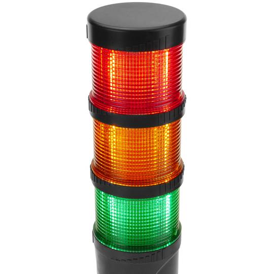 Torre de sinalização industrial. Semáforo com luz LED vermelha laranja verde 12 VDC Preto