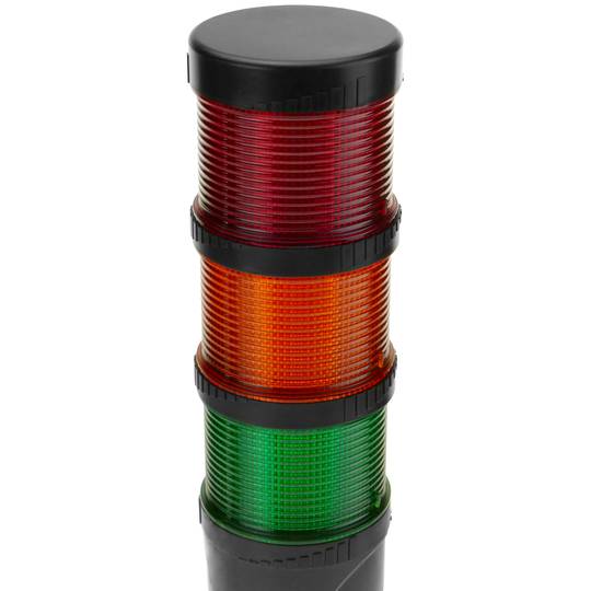 Torre de sinalização industrial. Semáforo com luz LED vermelha laranja verde 12 VDC Preto