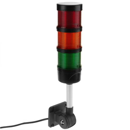Torre de sinalização industrial. Semáforo com luz LED vermelha laranja verde 12 VDC Preto