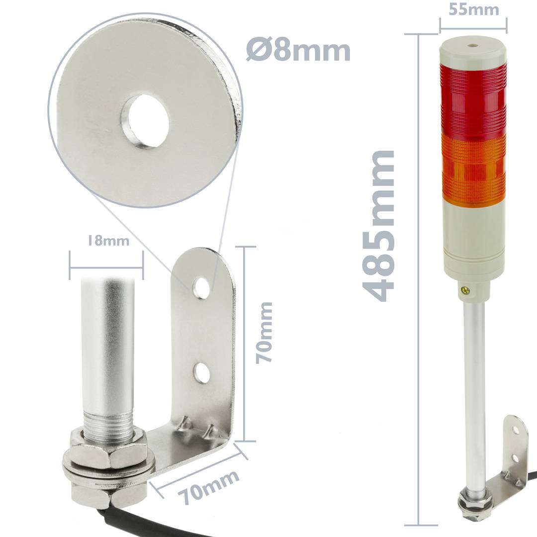 Industrial signaling tower lamp. Warning traffic light with red orange LED lights 12 VDC