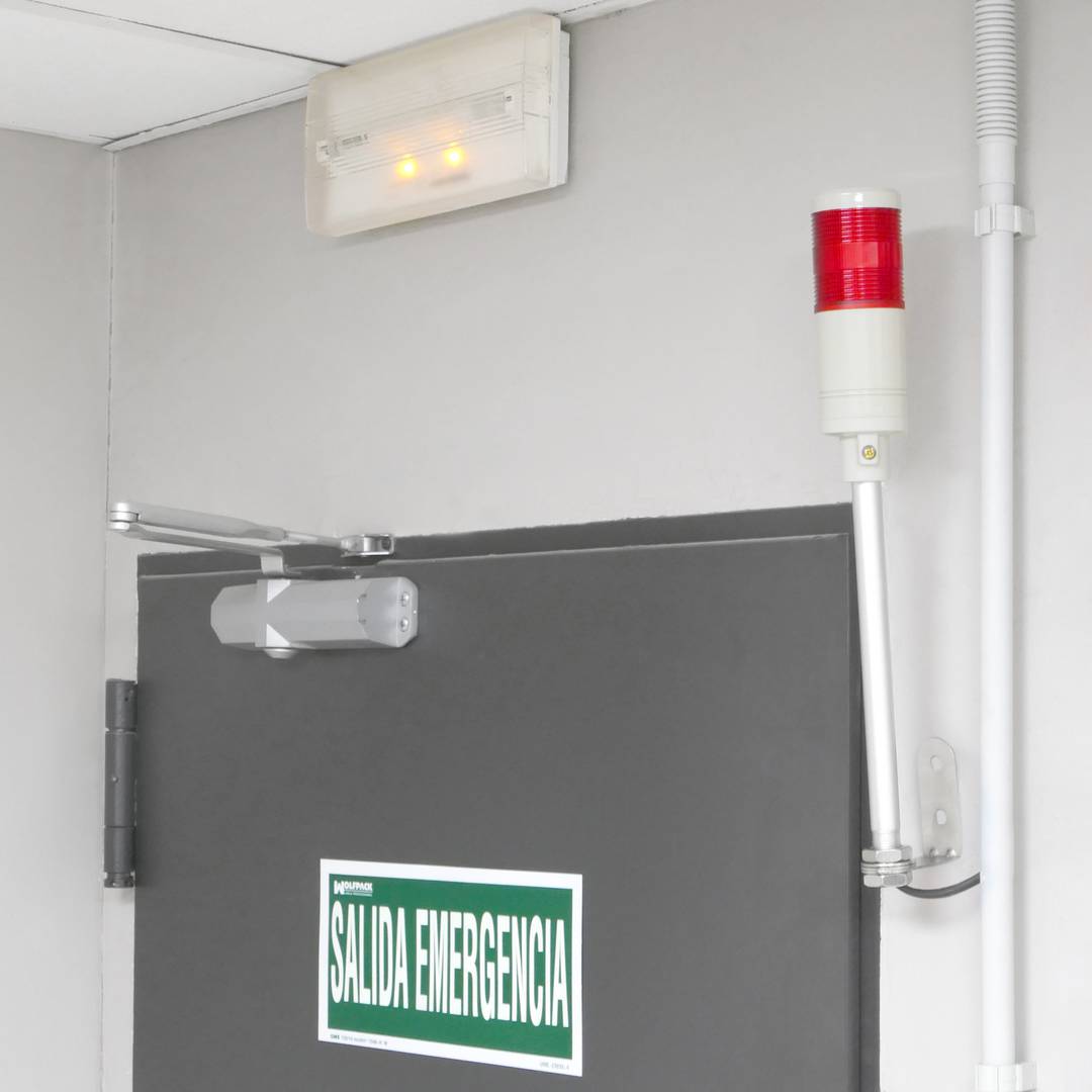 Industrial signaling tower lamp. Warning traffic light with red orange LED lights 12 VDC