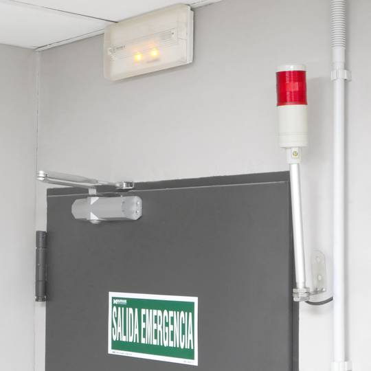 Industrial signaling tower lamp. Warning traffic light with red orange LED lights 12 VDC