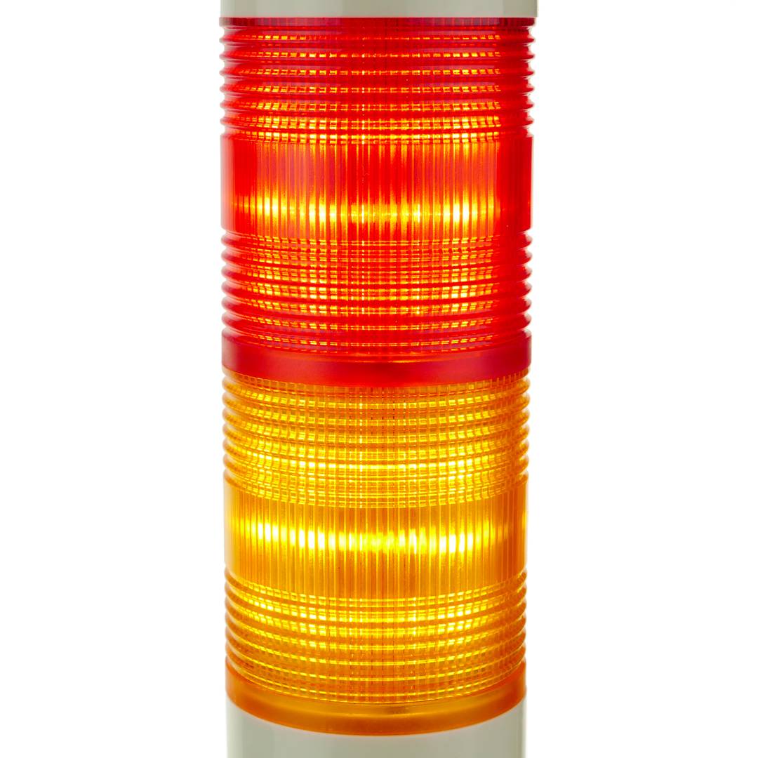 Industrial signaling tower lamp. Warning traffic light with red orange LED lights 12 VDC