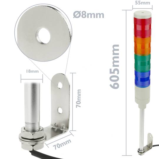 Tour de signalisation industrielle. Feu de signalisation avec lampes LED rouge orange vert bleu 12 VDC