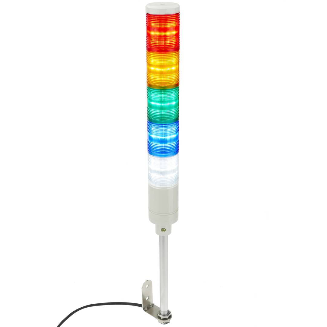 Industrial signaling tower lamp. Warning traffic light with red orange green blau white LED lights 12 VDC