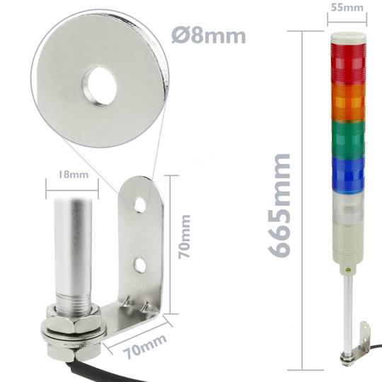 Industrial signaling tower lamp. Warning traffic light with red orange green blau white LED lights 12 VDC