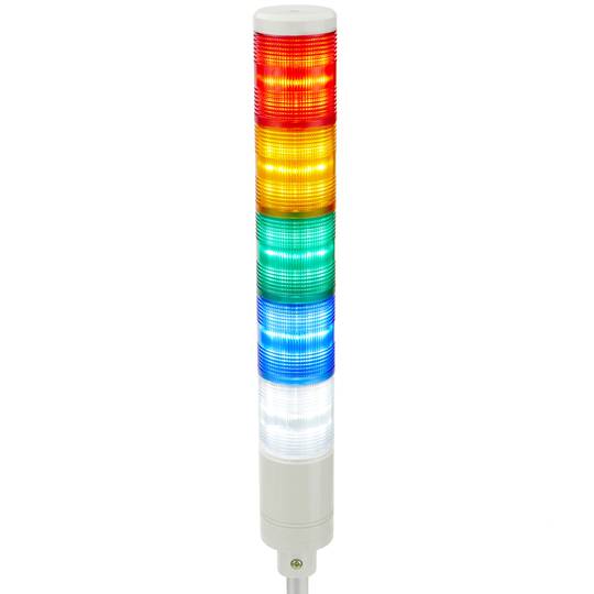 Industrial signaling tower lamp. Warning traffic light with red orange green blau white LED lights 12 VDC