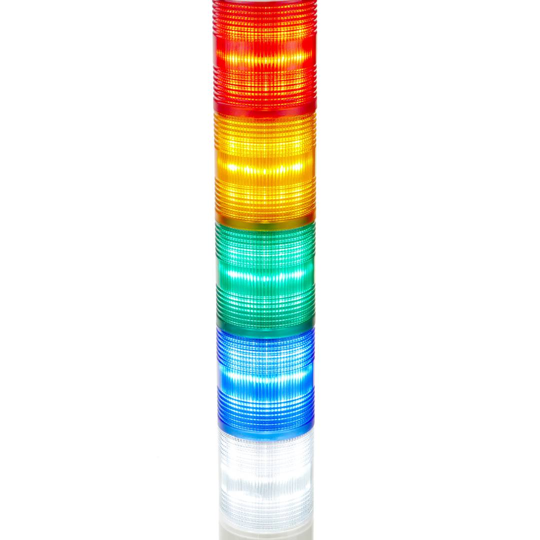 Industrial signaling tower lamp. Warning traffic light with red orange green blau white LED lights 12 VDC