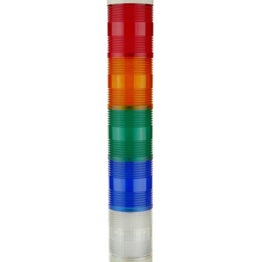 Industrial signaling tower lamp. Warning traffic light with red orange green blau white LED lights 12 VDC