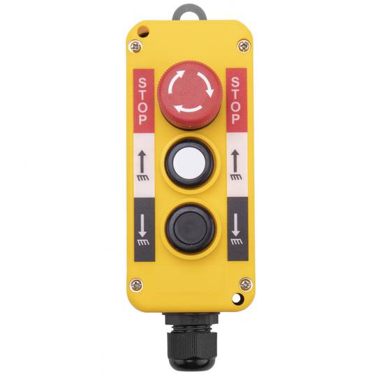 Doos met 2 tijdelijke drukknoppen en noodstop uit de LAY5-serie 62x78x187mm