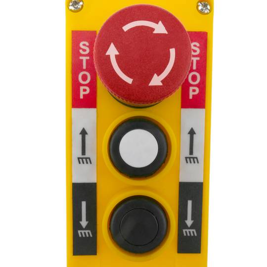 Doos met 2 tijdelijke drukknoppen en noodstop uit de LAY5-serie 62x78x187mm