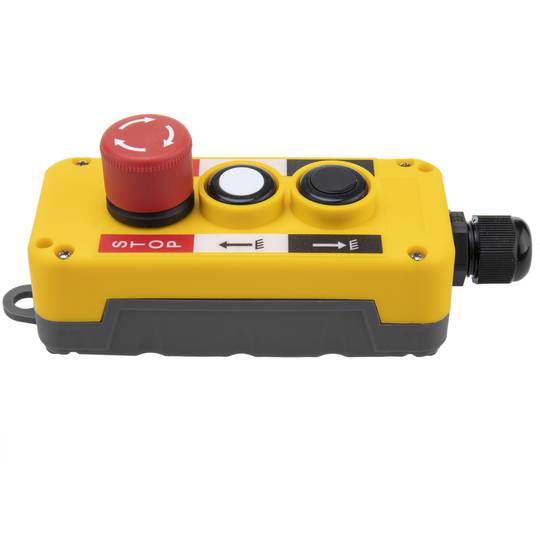 Doos met 2 tijdelijke drukknoppen en noodstop uit de LAY5-serie 62x78x187mm