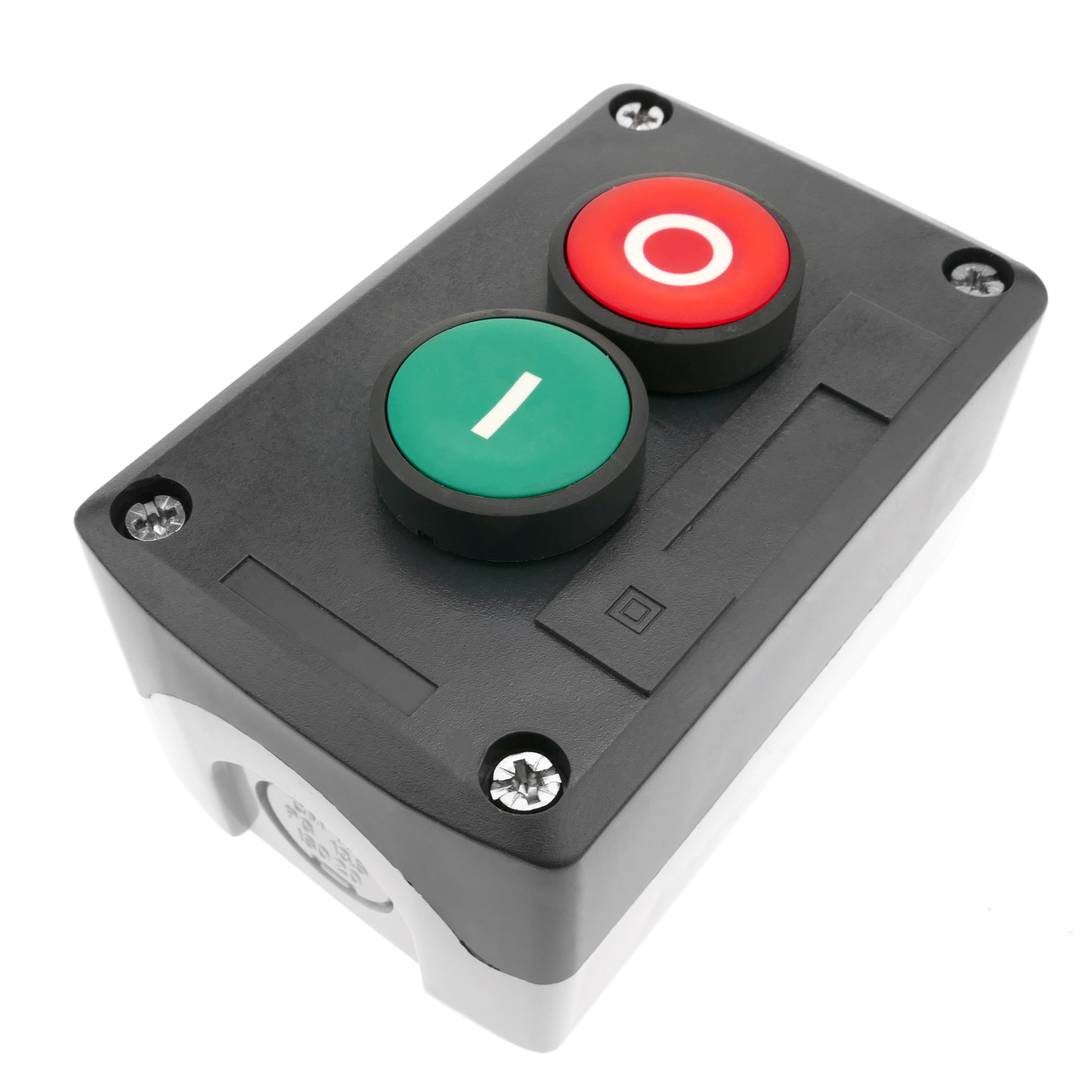 Boîtier de commande gris/noir avec 2 boutons poussoirs momentanés vert 1NO  rouge 1NF avec symboles - Cablematic