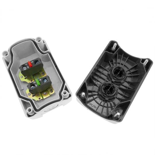 Caja de control gris/negro con 2 pulsadores momentáneos verde 1NO rojo 1NC con símbolos