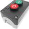 Caja de control gris/negro con 2 pulsadores momentáneos verde 1NO rojo 1NC con símbolos