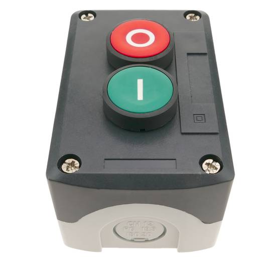 Caja de control gris/negro con 2 pulsadores momentáneos verde 1NO rojo 1NC con símbolos