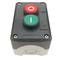 Caja de control gris/negro con 2 pulsadores momentáneos verde 1NO rojo 1NC con símbolos