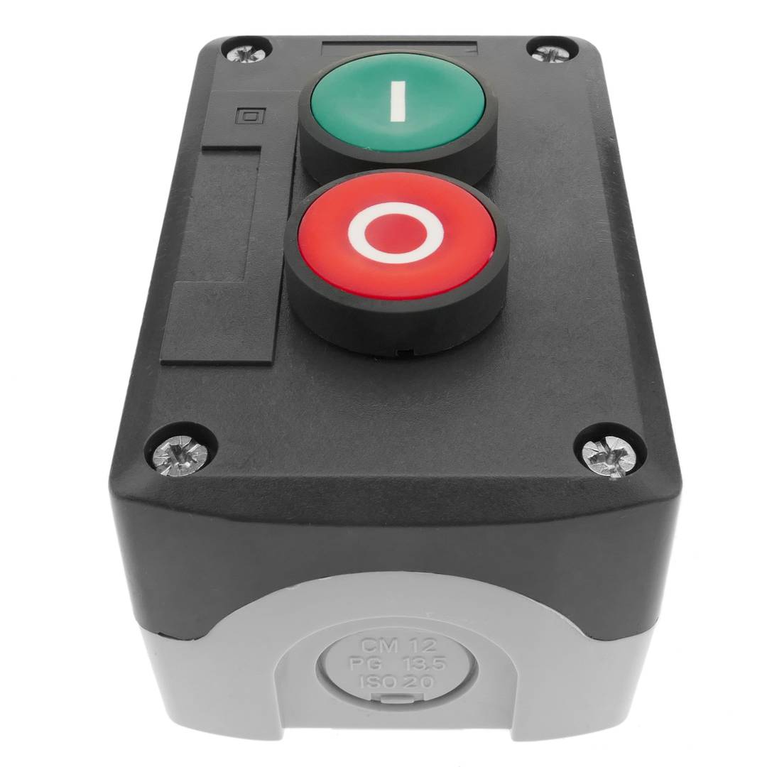 Caja de control gris/negro con 2 pulsadores momentáneos verde 1NO rojo 1NC con símbolos