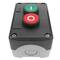 Caja de control gris/negro con 2 pulsadores momentáneos verde 1NO rojo 1NC con símbolos
