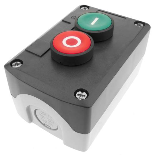 Caja de control gris/negro con 2 pulsadores momentáneos verde 1NO rojo 1NC con símbolos