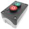 Caja de control gris/negro con 2 pulsadores momentáneos verde 1NO rojo 1NC con símbolos