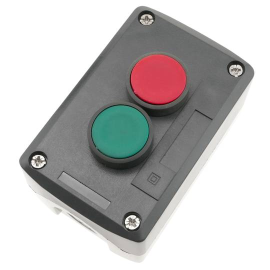 Boîtier de commande gris/noir avec 2 boutons poussoirs momentanés vert 1NO rouge 1NF