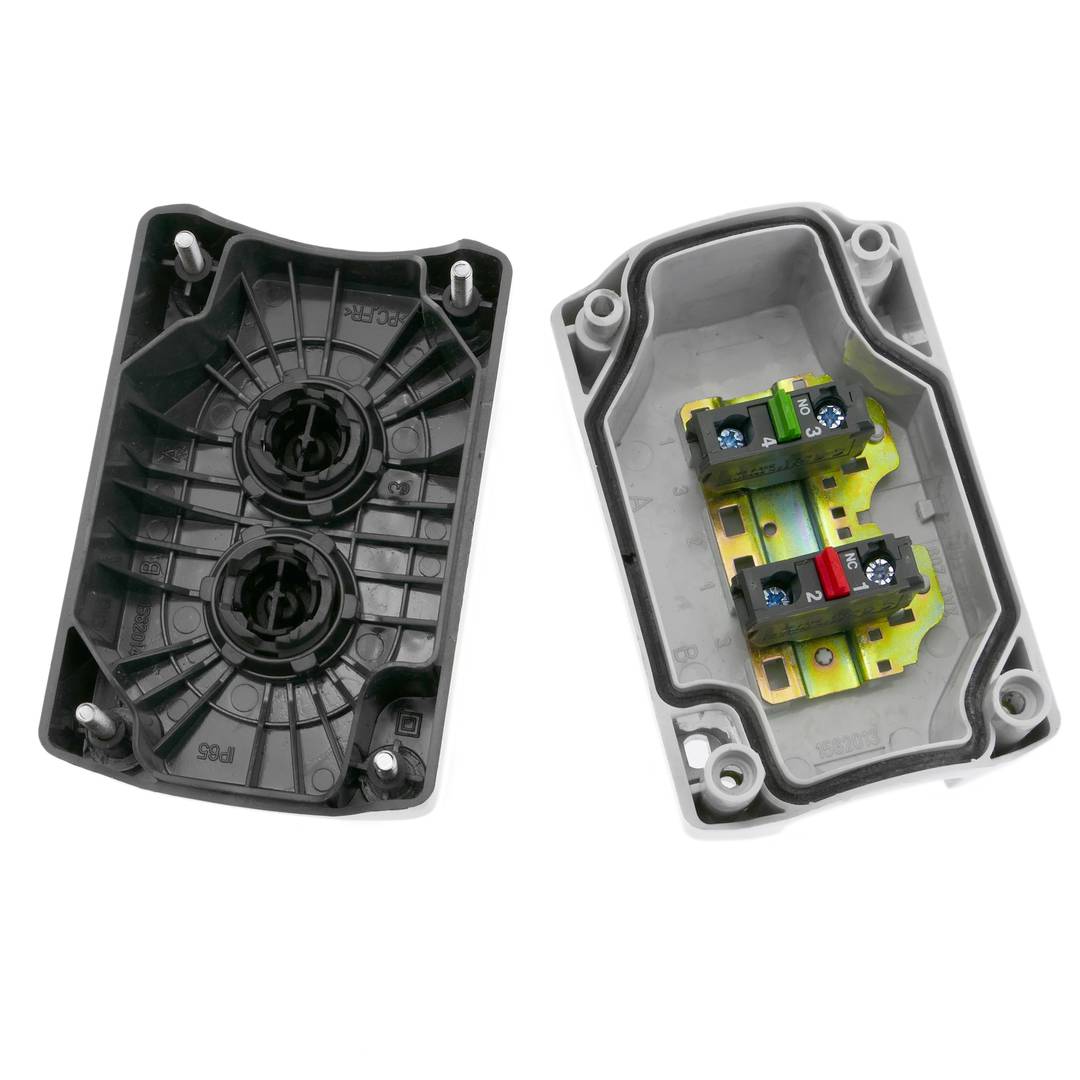 Boîtier de commande gris/noir avec 2 boutons poussoirs momentanés vert 1NO rouge 1NF