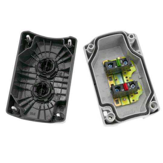 Boîtier de commande gris/noir avec 2 boutons poussoirs momentanés vert 1NO rouge 1NF